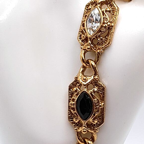 Black Clear Crystal Bracelet, Gold Tone, 1928 Style, 7 1/8 In - Picture 7 of 10